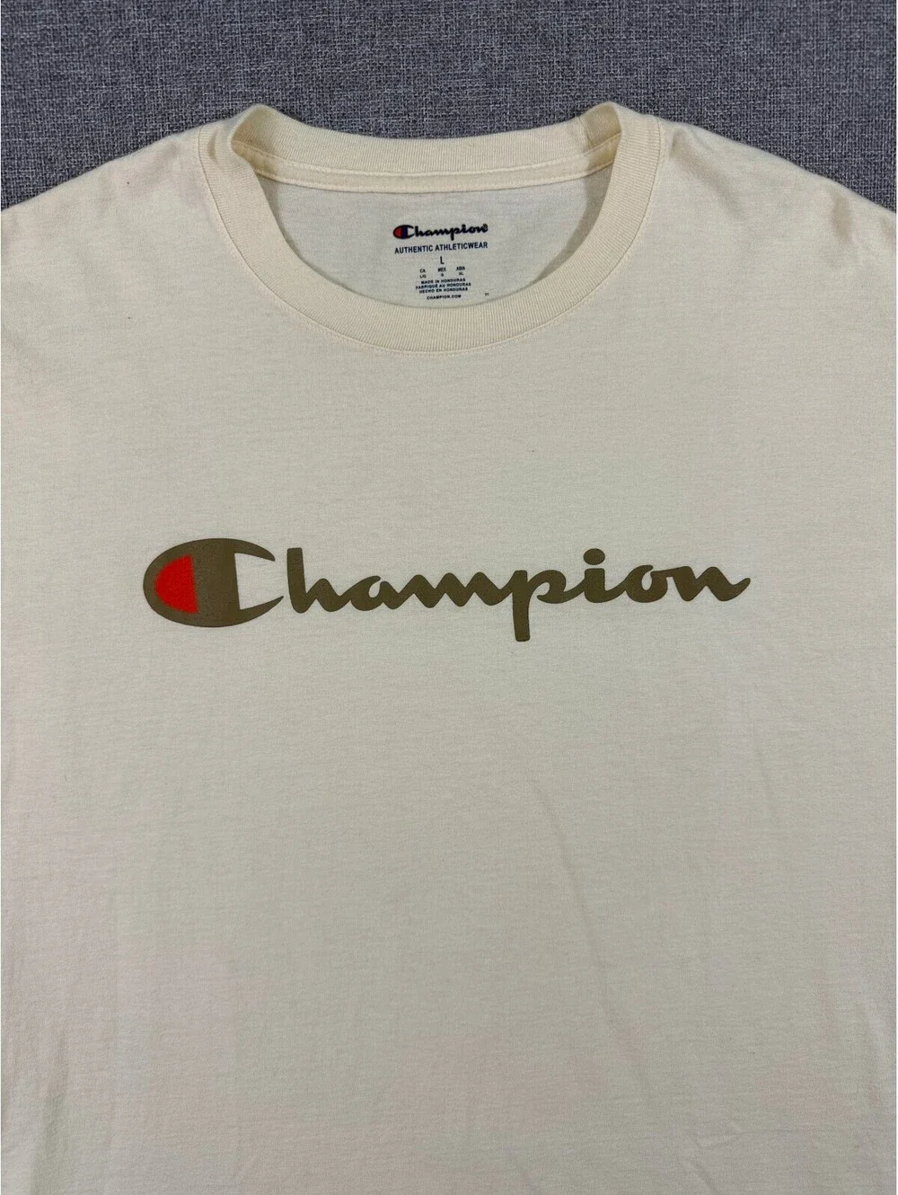 Champion Script Logo T-Shirt Mens Large Cream Spellout Athleticwear